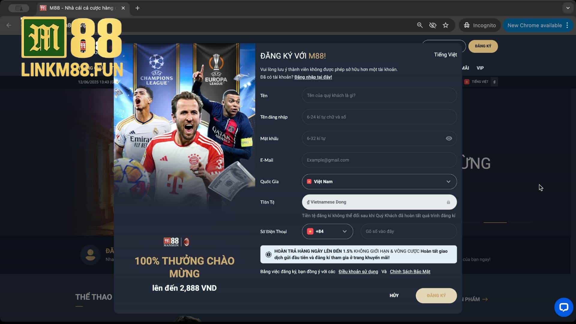 Đăng ký link M88 nhanh chóng