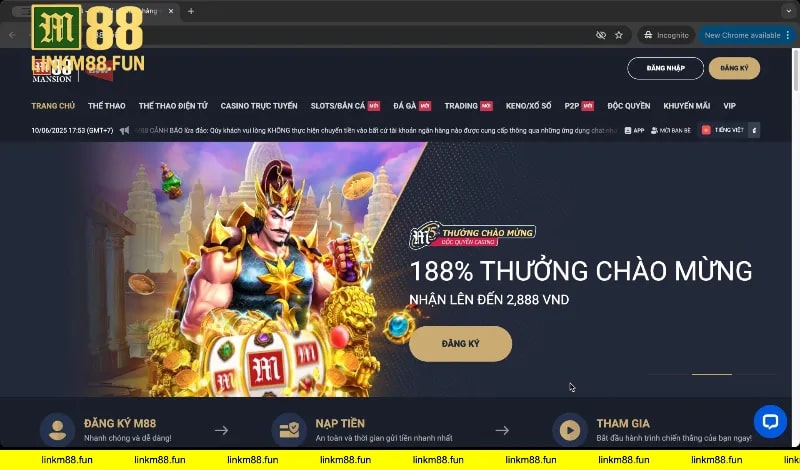 Giao diện banner khuyến mãi link M88